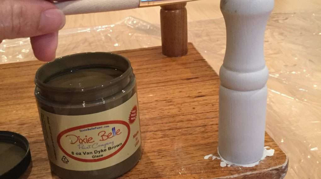 I am using Dixie Bell Van Dyke Brown Glaze to accent the legs. Paint the glaze into the creases to add depth to your piece.