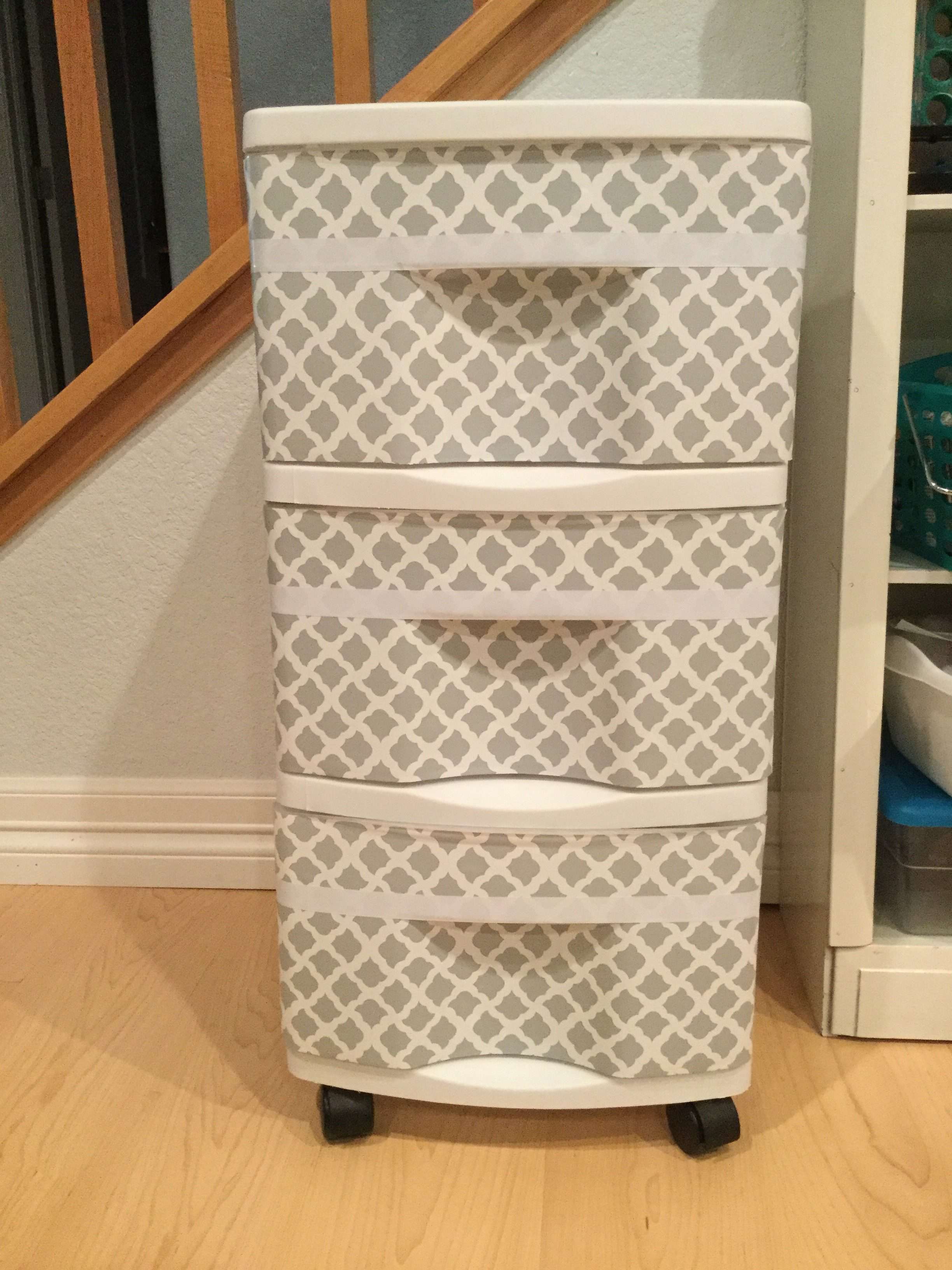 completed upcycled storage container with gray and white contact paper