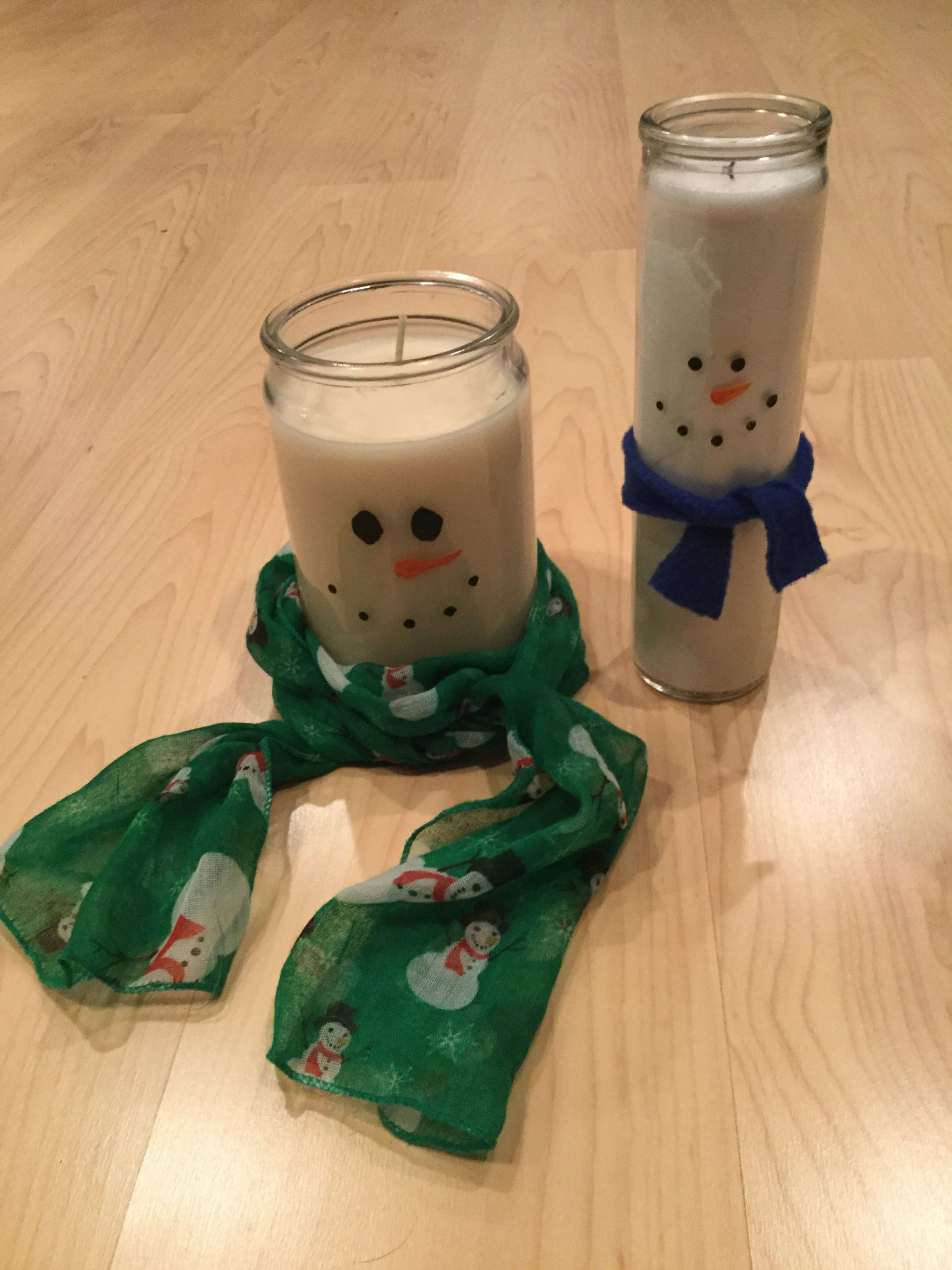 Optional – cut a small piece of fleece to wrap around your candle as a scarf. Another option is to buy a scarf and wrap it around the base of a bigger candle. Then the scarf can be used by whomever you are giving it to as well.