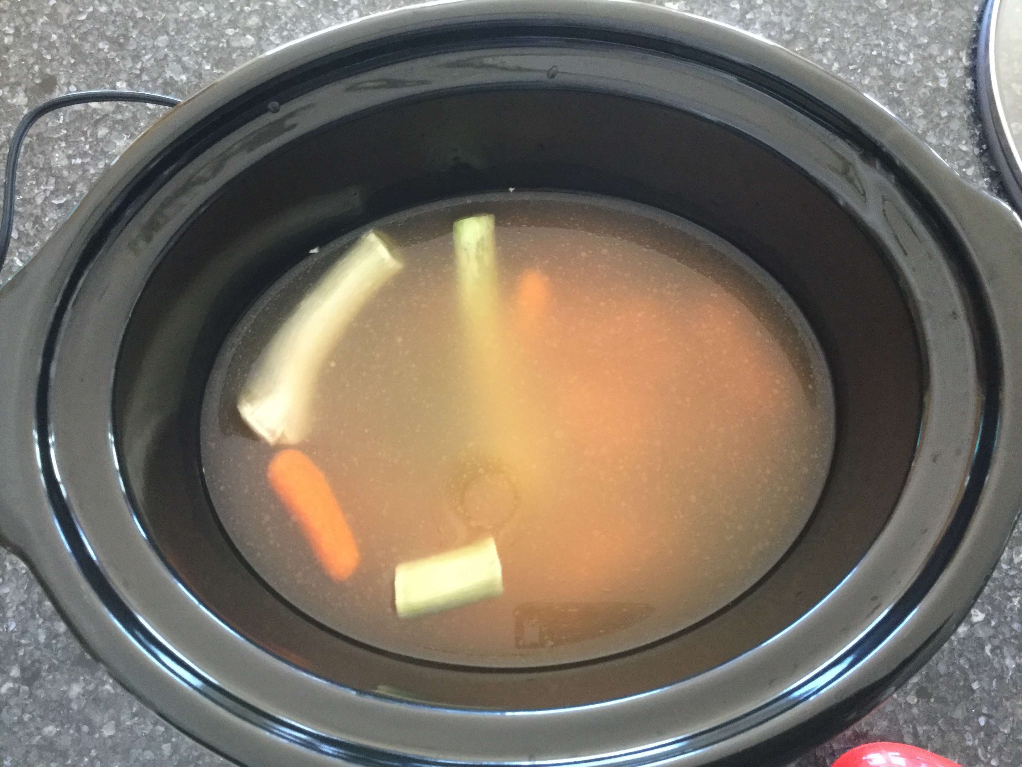 Place chicken broth, leeks, & carrots into slow cooker.