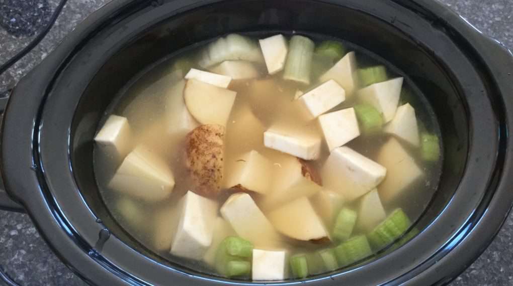 Add to slow cooker. You can add any additional veggies you like - I have added turnips, parsnips, etc.