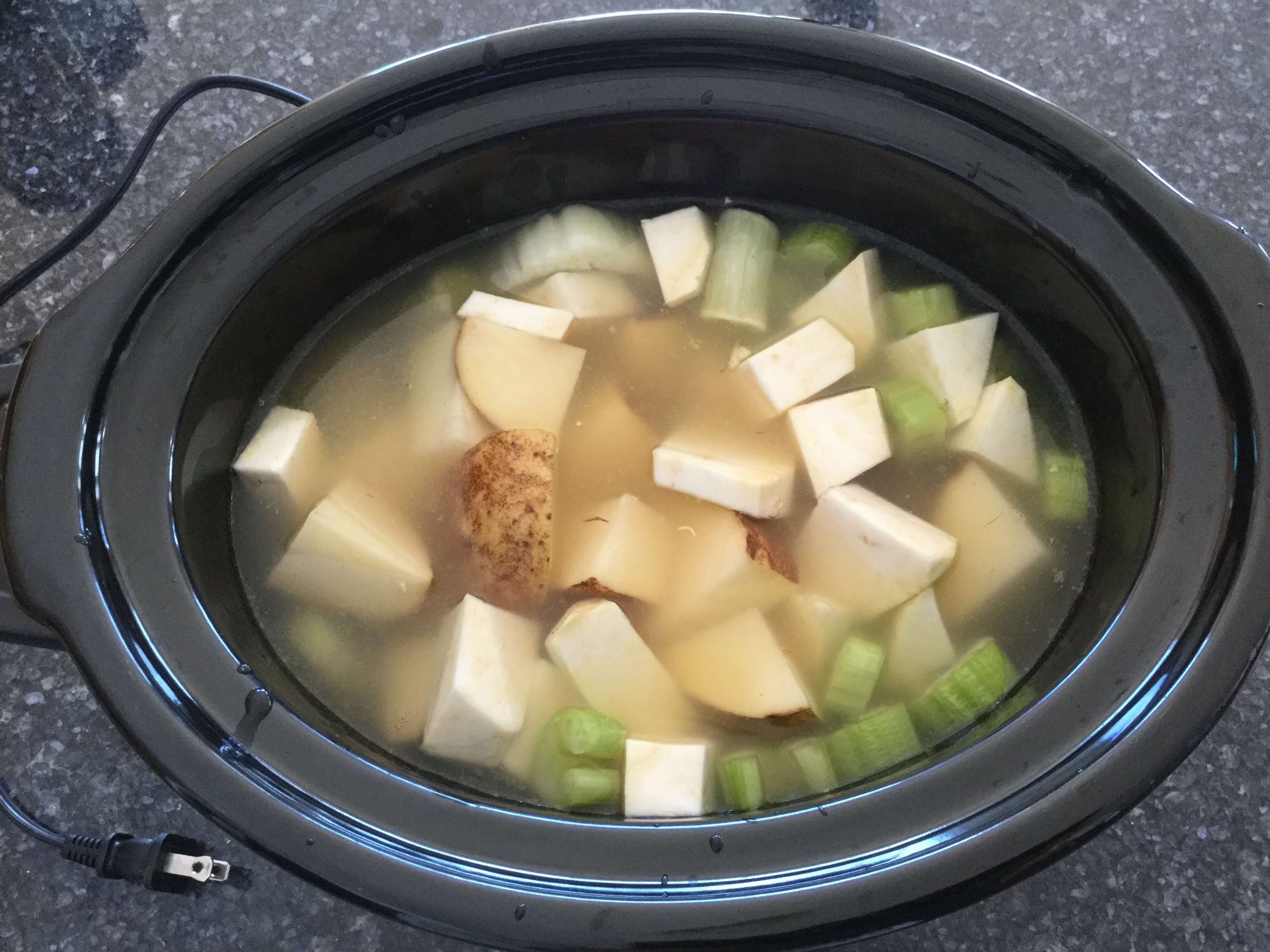 Add to slow cooker. You can add any additional veggies you like - I have added turnips, parsnips, etc.