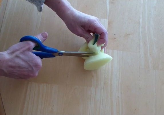 Flip the sponge inside out where you cut it so that the indent pops out and use a scissors to cut out the center piece.