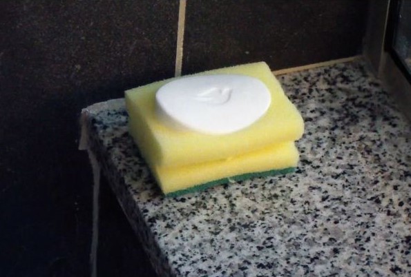Place your soap in the indent in the sponge and place in your shower or by your bathtub.