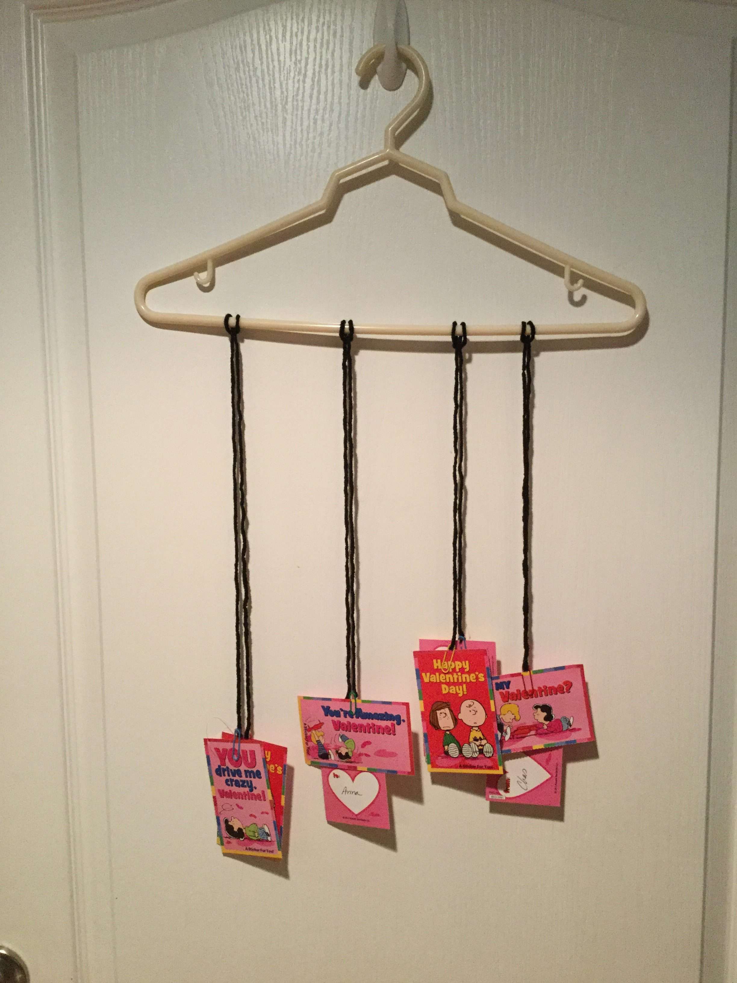 Have the kids place their Valentine's in the paper clips to complete the display.  You can vary the lengths of the string so that the Valentine's hang at different levels for display.