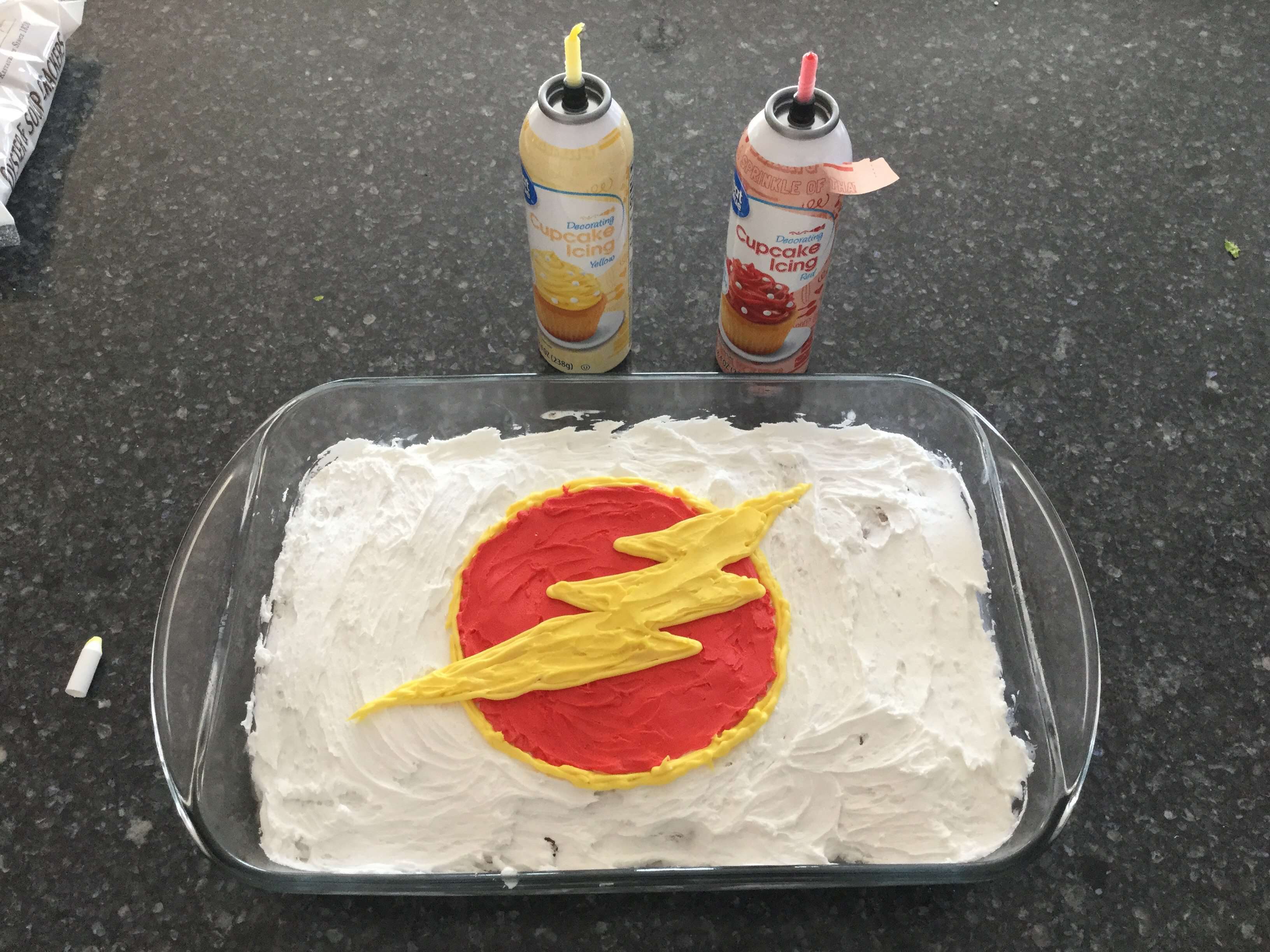 Decorating - you have so many options - you can decorate with syrup, fruit, nuts, sprinkles, etc.  My son is a huge fan of the TV show "The Flash".  I decorated using the spray frosting cans to make a Flash emblem, added sprinkles, and a boarder.