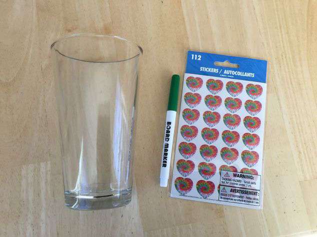 You will need: A glass (Dollar Tree) A dry erase marker Heart shaped stickers