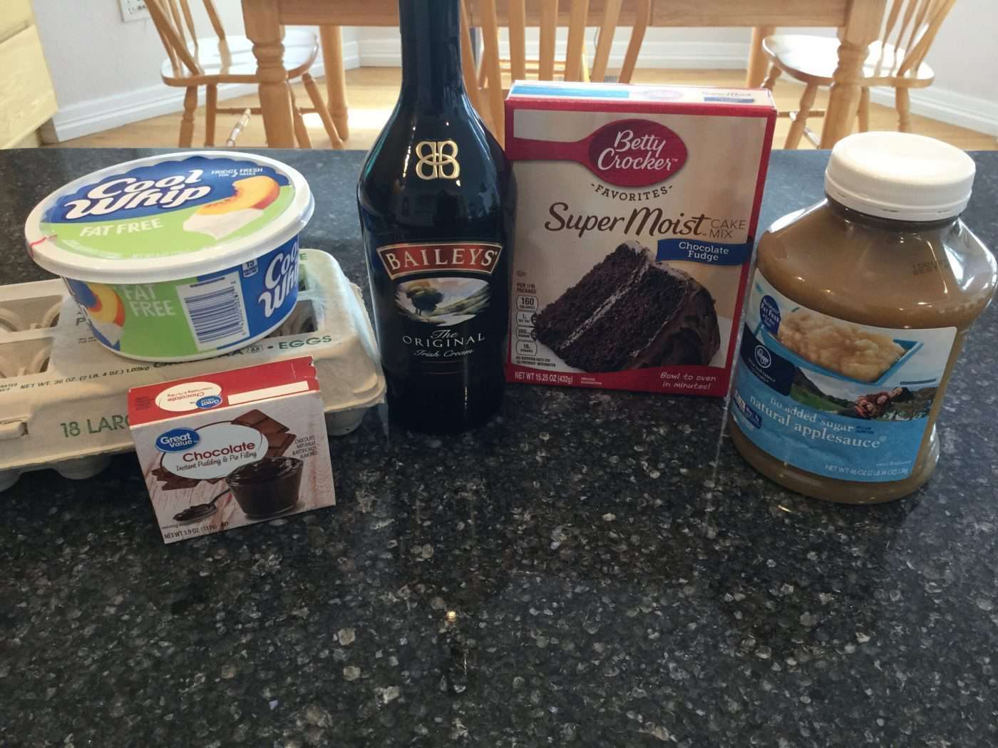 For this recipe you'll need: A box of chocolate cake mix of your choice, the ingredients to make that cake, instant chocolate pudding (4 serving size), Bailey's (optional)/Irish Coffee Creamer, and whip cream topping.