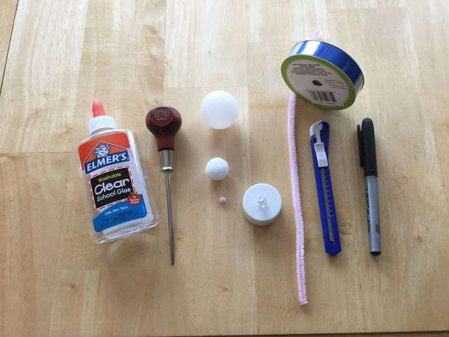 Ping Pong Ball Battery Operated Tealight Permanent Markers Elmer's School Glue or Hot Glue Pipe Cleaner Ribbon or Fabric Pom Poms and/or Cotton Ball Razor Blade or something to cut with Screwdriver or punch to poke holes with Scissors