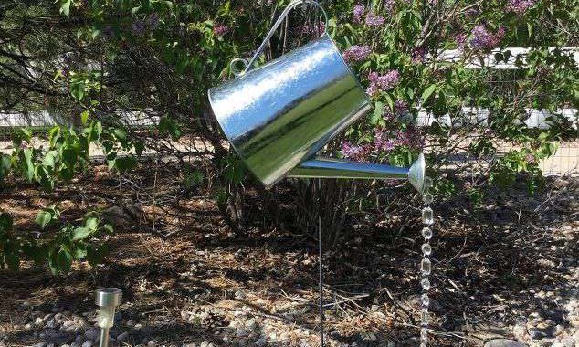 I put my yard stake out in my yard, and simply hung the watering can on it. Stake is 3 feet & the watering can is 8 inches.