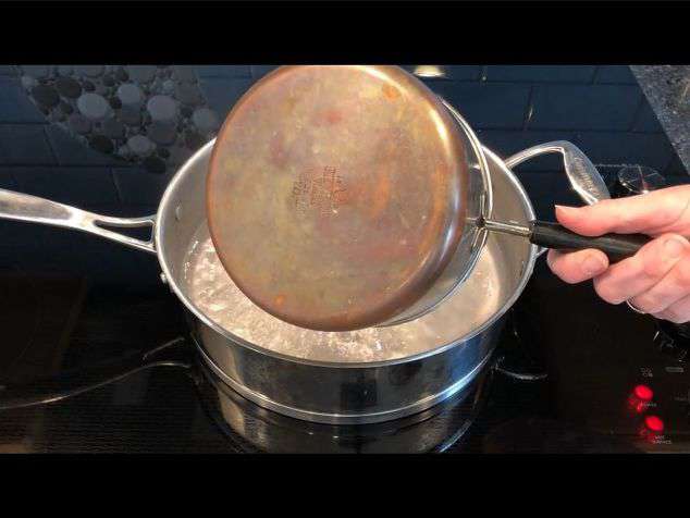 Boil Method - In a pot 1 cup vinegar, 1 Tablespoon salt, and add water to fill the pot so that the copper is covered.