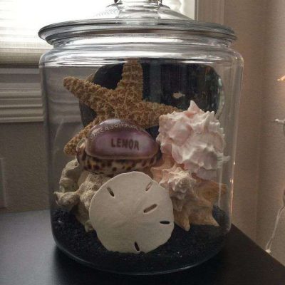 This first display is in a glass flour jar I got from Walmart. It contains shells from a few trips to Florida, as well as a shell from the 1933 World Fair in Chicago of my grandma's.