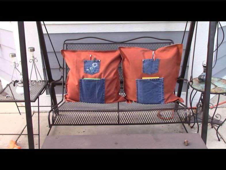 No sew outdoor pillows outside on deck.