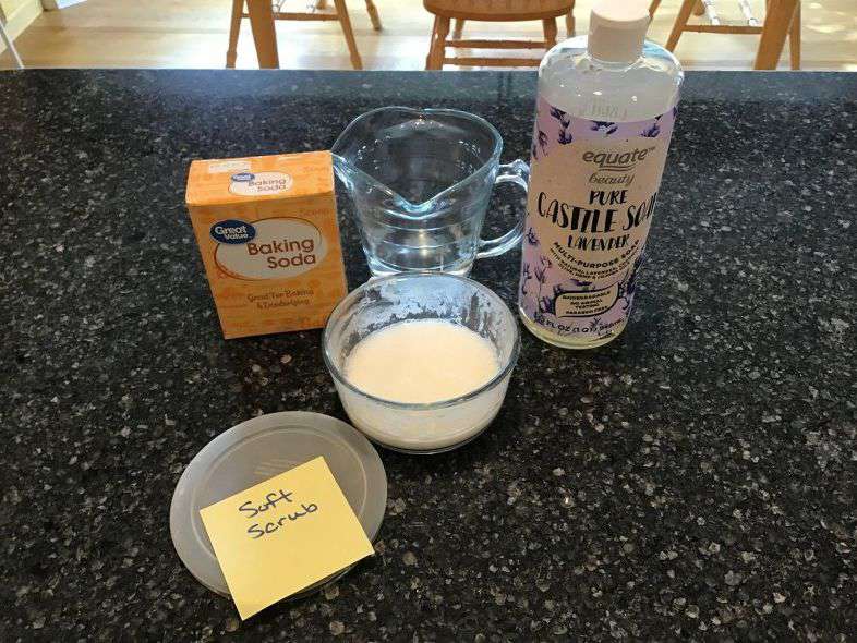 Mix together 1/3 cup Castile soap, 2/3 cup baking soda, and 1 Tablespoon water.