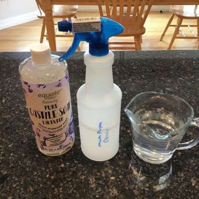 Put 3 Tablespoons Castile Soap and 2 cups water in a spray bottle. Shake well.