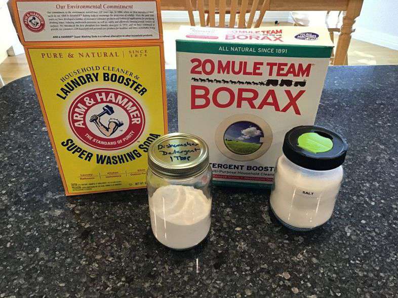 Mix 1/2 cup washing soda, 1/2 cup borax, and 1/4 cup salt together.