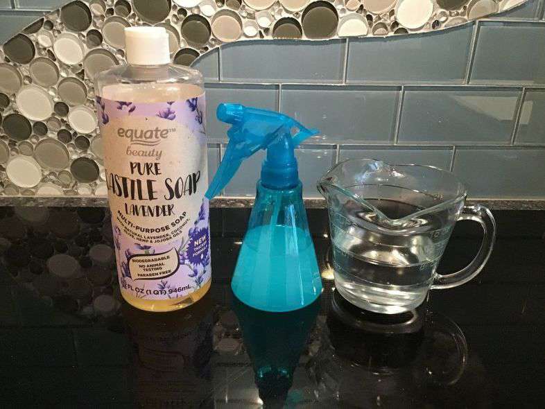 Make a mixture of 1/8 tsp. Castile Soap and 1 cup water and place in a spray bottle. Alternatively you can mix 1/2 cup vinegar and 1/2 cup water as well. Your choice.