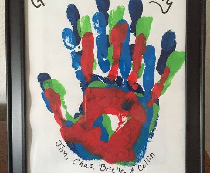 Here is another option for heirloom art. For this one we each picked our favorite colors, dipped our hands in the paint and placed on the paper. Let the paint of each person's hand dry completely before adding the next persons. For those of you who are interested, here is a Fall Family Fingerprint Tree we made.