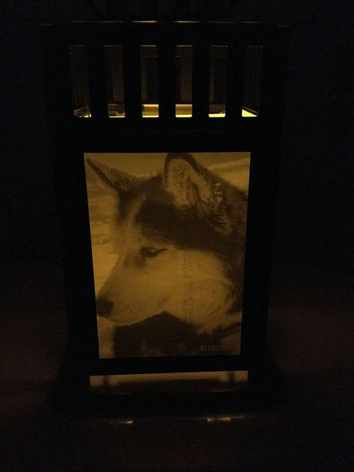 DIY memorial photo lantern lit up.