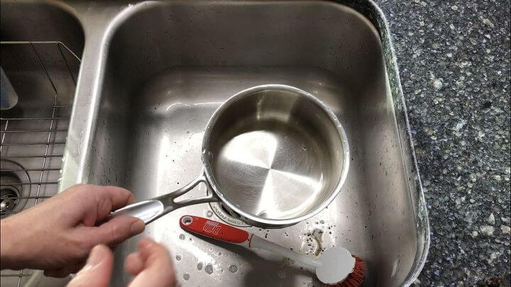 Rinse out and your pan will be clean.