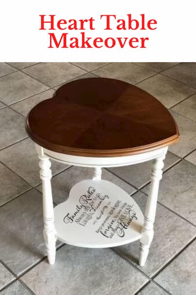 Do you love thrift store finds? I found this amazing heart table at Manna Thrift Store in Grand Lake, CO. (Hi Frank) It just needed a little love and face lift so I upcycled it with a little paint, glaze, and wall sticker.