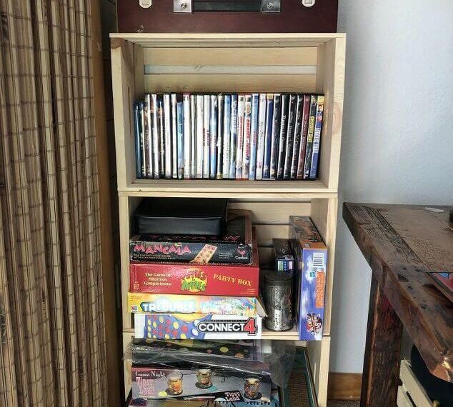 I then filled them with our games, puzzles, and movies and it has worked great. They're organized and out of the way, but easily accessible.