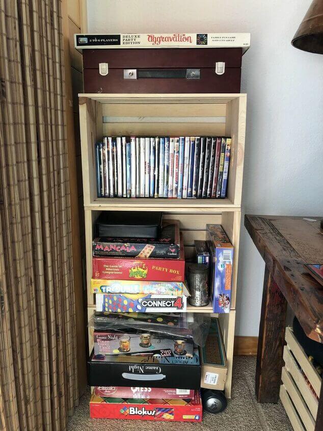 I then filled them with our games, puzzles, and movies and it has worked great. They're organized and out of the way, but easily accessible.