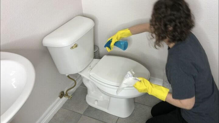 Spray rubbing alcohol onto your toilet and wipe it up with a paper towel. It'll clean and disinfect your toilet. You can also use it to scrub out the bowl too.