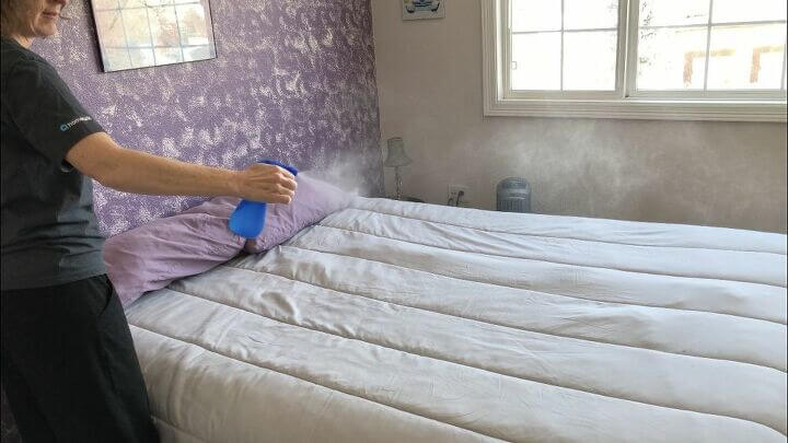 Place rubbing alcohol into a squirt bottle and add several drops of an essential oil of your choice. This makes a fantastic air fresher, and you can use it on your beds and pillows to disinfect them. You can also do this without the essential oil if you like.
