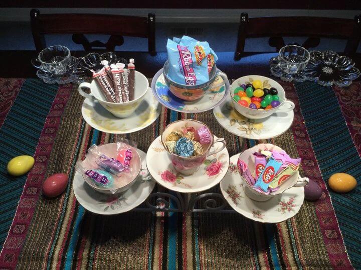 Serving Centerpiece with Teacups (5) fill with treats. If you're looking for Easter Tiered Tray ideas, look no further. I have a unique and versatile idea to share with you. 