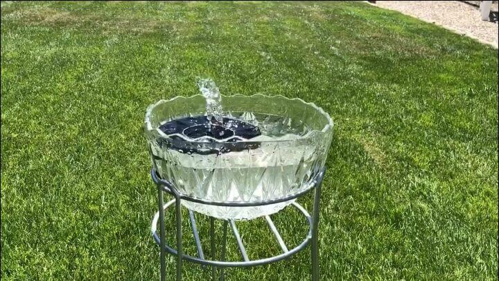Here’s a picture of the fountain running. Be sure to refill the water as it evaporates. I also clean out the class and wash off the fountain as needed.