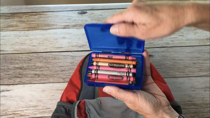 We use a small travel soap holder to keep crayons together and from breaking. This also works great for flashcards. Write spelling words, math problems, etc on index cards, and store in a travel soap holder for your kids to take back and forth to school, use on the bus or at home.