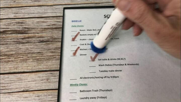 The kids can check off their chores each day, then at the end of the day or next morning they use the pom pom end to erase and start over.