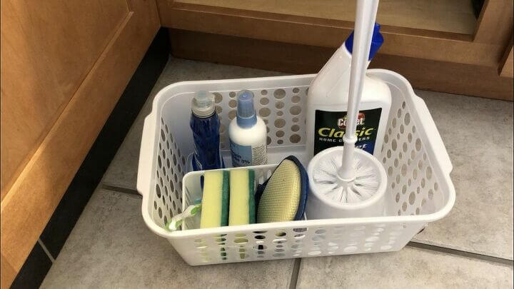 I created a basket of cleaning supplies to keep in my bathroom. This would make it easy to clean anything in my bathroom at any time.