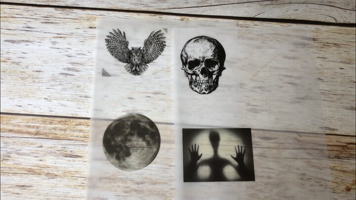I printed out 4 images on Velum paper, let the ink dry, and cut them out.