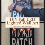 I found a pumpkin patch wall art on clearance for $5. I added some leaf lights from the dollar store to create fall LED lighted wall art.