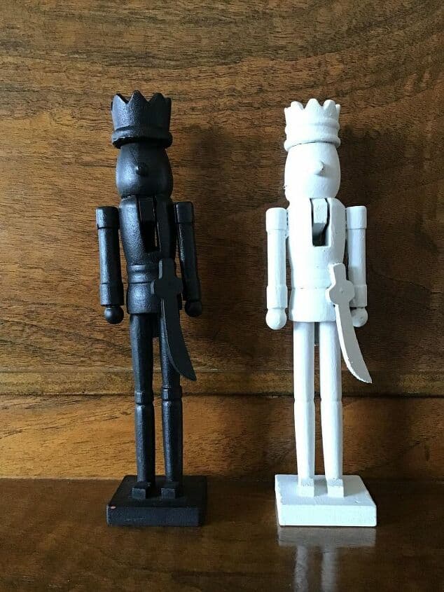 I used Folk Art Home Decor Chalk paint that I had on hand in the colors black and white. I painted each of the Nutcrackers with 2 coats of paint and let them dry between each coat. After the last coat, I let them dry completely.