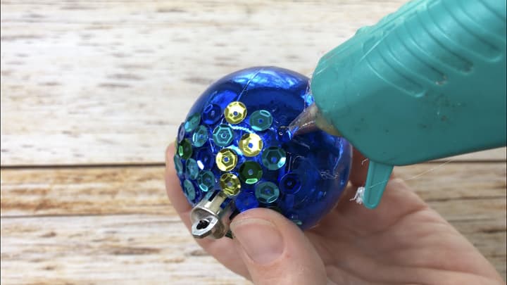 I used my hot glue gun to add sequin to a bulb.