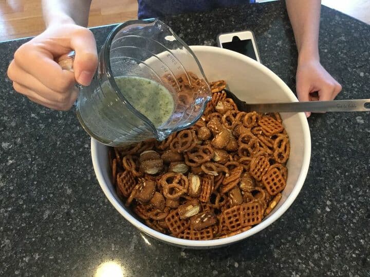 Place your pretzels in a bowl, pour the mixture over the pretzels, and gently toss.