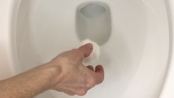 Toss the toilet cleaning bomb into your bowl and let it sit until it stops fixing.