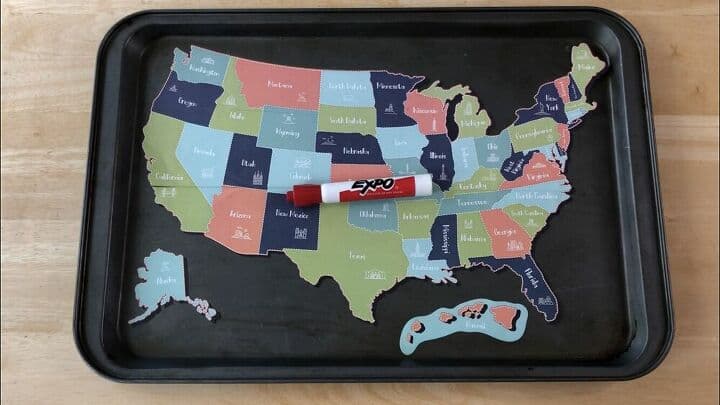 Going on a road trip? Add this United States decal to a baking sheet, and you have a tray that the kids can put on their laps. They can do activities, use magnets, eat on them, and use a dry erase marker to map out the trip or cross off states you went through.