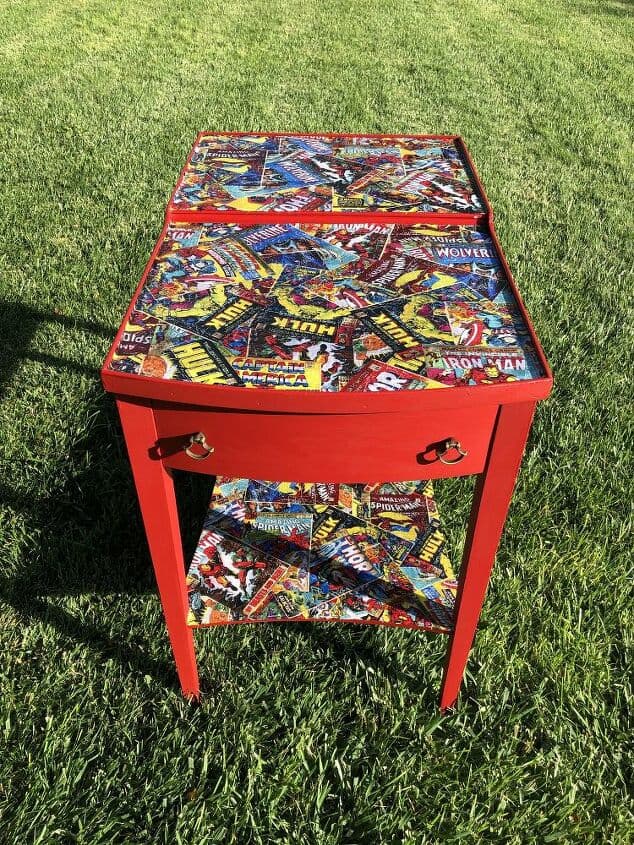 Our family loves superheros and my son wanted to update his room. I found this little old table on Facebook Marketplace for $10, and with a little paint, superheros, and a little love we gave this side table a makeover.