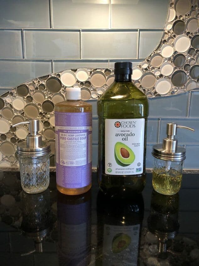 For the recycled jars I'm filling one with Castile soap and one with Avocado Oil. These are for my new chemical free skin care regiment after having breast cancer following my doctors advice. Castile Soap is amazing and great for so many things (skin care, house cleaning, laundry...) The avocado oil is a natural moisturizer.