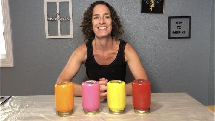 I painted each jar a different color -  Candy Apple Red Paradise Pink Lemon Yellow Outrageous Orange  After painting each jar, I let them dry for 1 hour per the instructions.