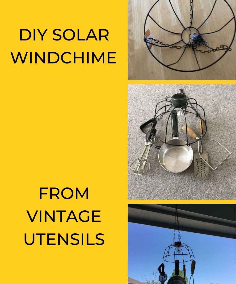 Turn Grandma's old silverware into a beautiful garden feature! This DIY Solar Windchime uses vintage kitchen utensils and a Dollar Tree basket for a sentimental outdoor light.