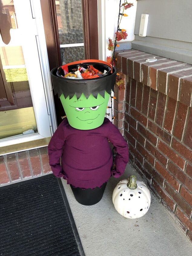 On Halloween, I'll be placing candy in my DIY Frankenstein for trick or treaters in his head.