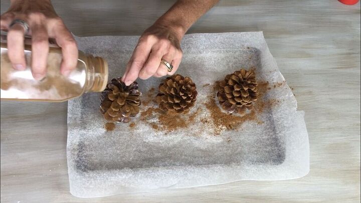 If you prefer to use natural cinnamon I'll share 3 options with you.     Spray the pine cone with an adhesive spray and then apply the cinnamon. Spray on Mod Podge Ultra, and then apply the cinnamon. Paint on Mod Podge, and then apply the cinnamon.  Let this dry completely.