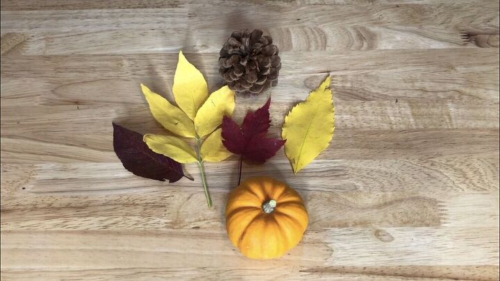 While the paint was drying I picked up some fresh fallen leaves, a mini pumpkin from my garden, and a pinecone.  