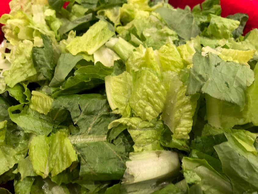 2 Heads of Romaine Lettuce,    Wash and pull of spine and tear into bite size pieces       ½ tube of anchovy paste 1 t. minced garlic 1 t. Worcestershire sauce ½ C. olive oil 1 egg ½ t. salt ¼ t. ground mustard ¼ t. black pepper 1 T. lemon juice