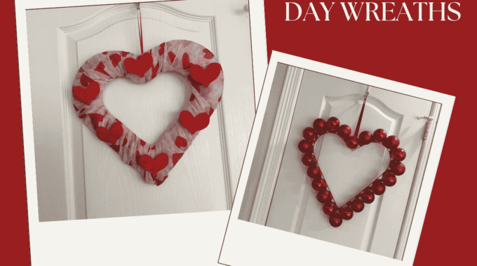 Need a budget Valentine's wreath? Here are 2 easy ways to style a Dollar Tree heart form using scarves or leftover Christmas bulbs.